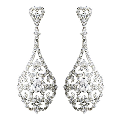 Antique Silver Clear CZ Tear Drop Crystal Dangle Bridal Wedding Earrings 8780