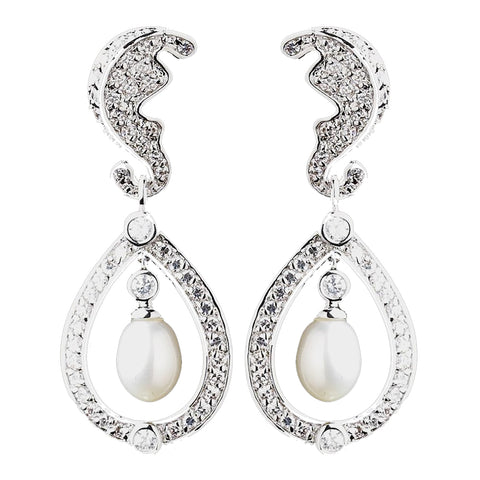 Antique Rhodium Silver Diamond White Freshwater Pearl Kate Middleton Inspired Bridal Wedding Earrings 8915