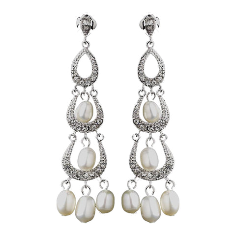 Antique Silver Freshwater Pearl & Clear CZ Crystal Bridal Wedding Earrings 8926