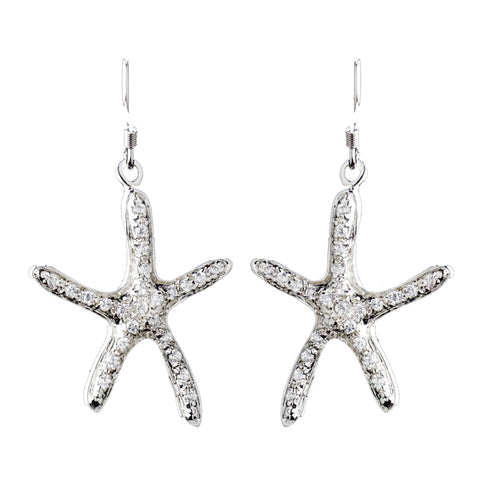 Charming Antique Silver Clear Starfish CZ Crystal Bridal Wedding Earrings 8973