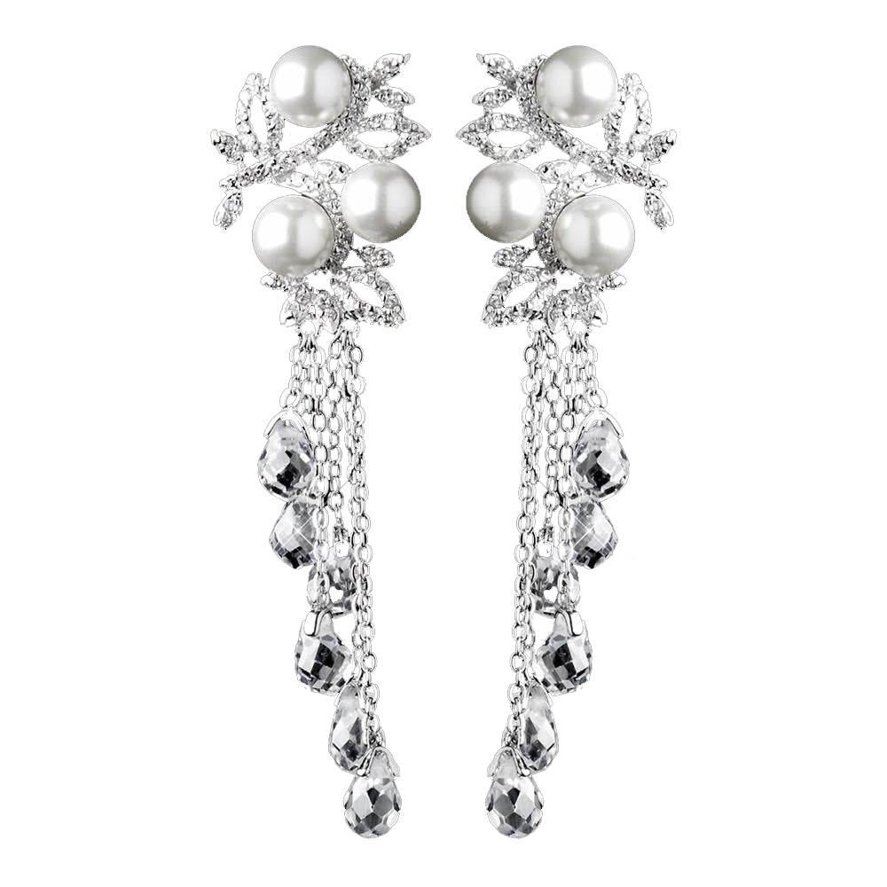 Silver White Pearl & Clear Crystal Bead Dangle Bridal Wedding Earrings 9004