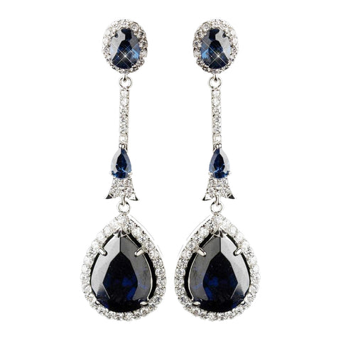 Antique Silver Rhodium Sapphire CZ Crystal Drop Bridal Wedding Earrings 9123