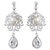 Rhodium Diamond White Pearl & Teardrop CZ Dangle Swirl Bridal Wedding Earrings 9217