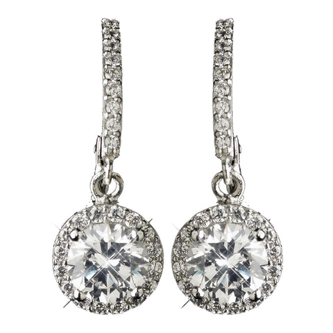 Rhodium Clear Round CZ Crystal Leverback Drop Bridal Wedding Earrings 9402