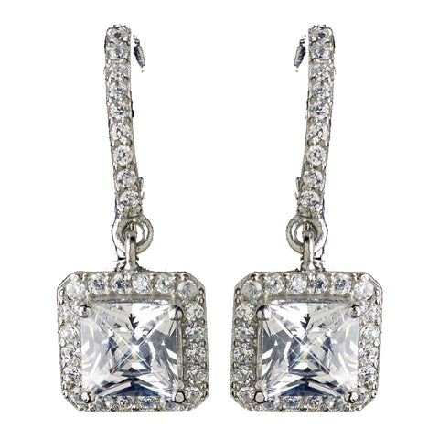 Rhodium Clear Princess Cut CZ Crystal Drop Bridal Wedding Earrings 9411