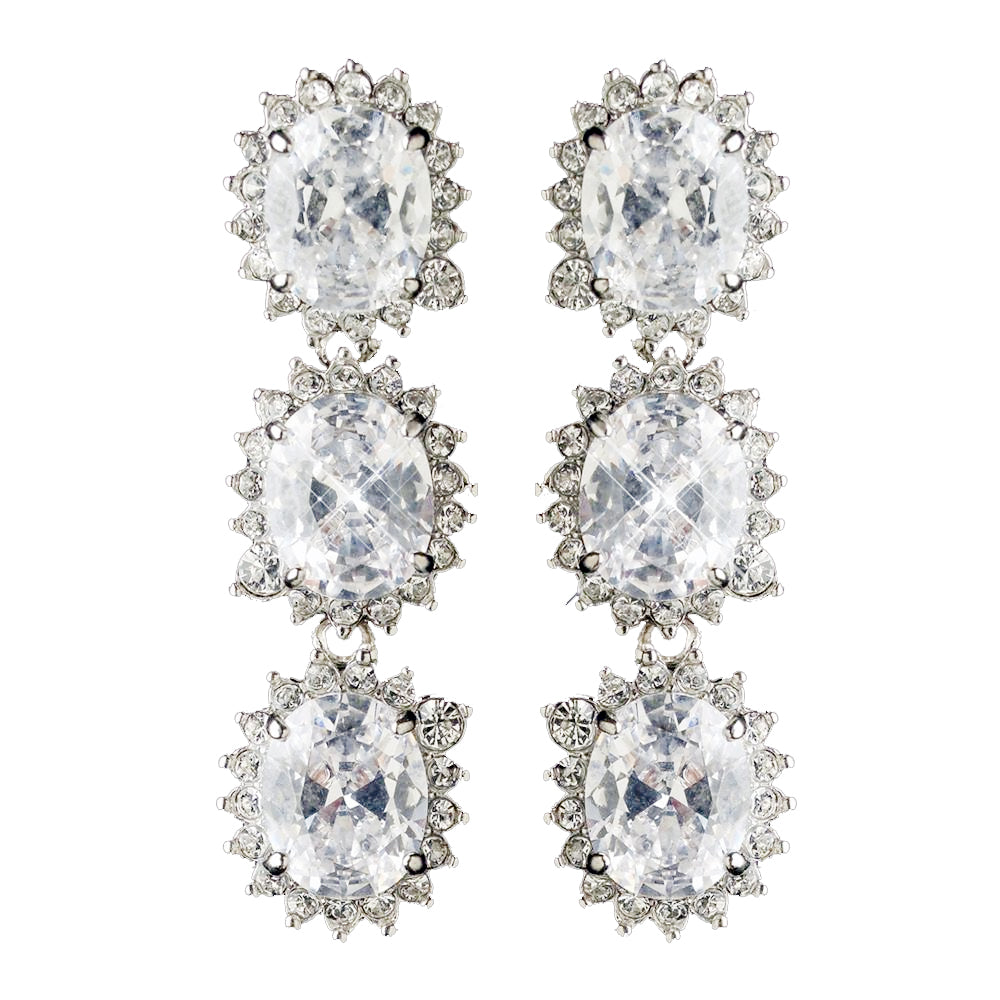 Rhodium Clear Oval CZ Crystal Triple Drop Bridal Wedding Earrings 9412