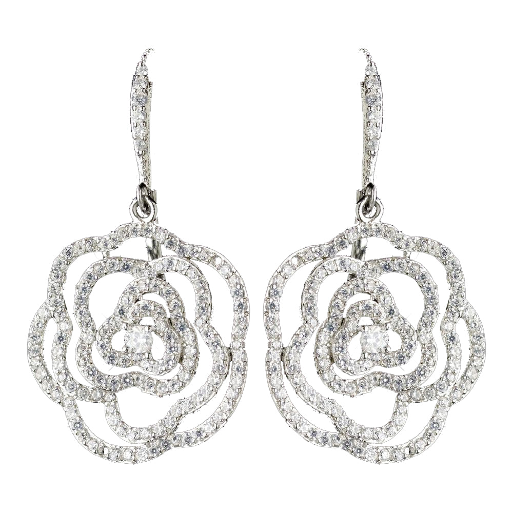 Rhodium Clear CZ Crystal Clear Rose Leverback Drop Bridal Wedding Earrings 9416
