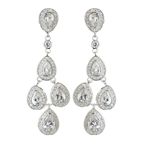 Rhodium Clear Teardrop CZ Crystal Chandelier Bridal Wedding Earrings 9418
