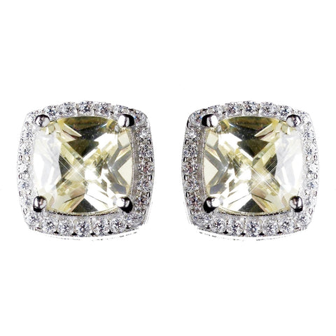 11mm Sterling Silver Princess Light Yellow Topaz CZ Crystal Stud Bridal Wedding Earrings