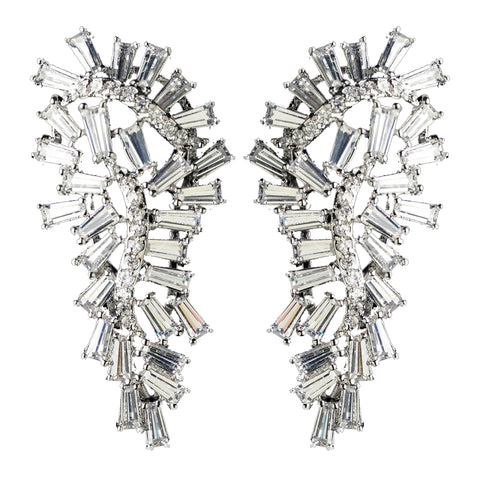 Rhodium Clear CZ Crystal Baguette Drop Bridal Wedding Earrings 9724