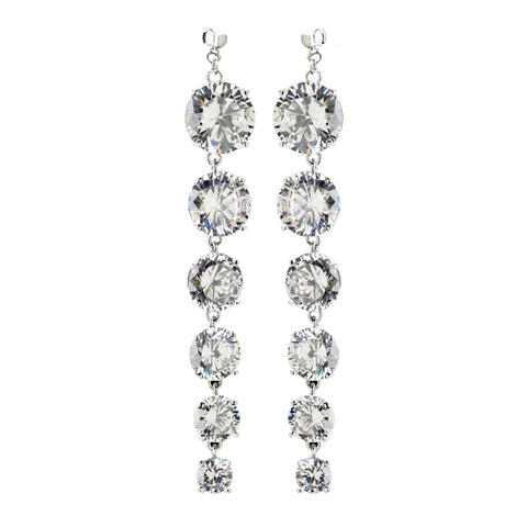 Rhodium Clear Long CZ Crystal Dangle Bridal Wedding Earrings