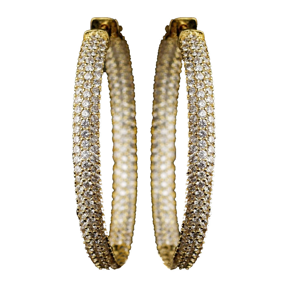 Gold Clear 3 Row CZ Crystal Pave Hoop Bridal Wedding Earrings 9727