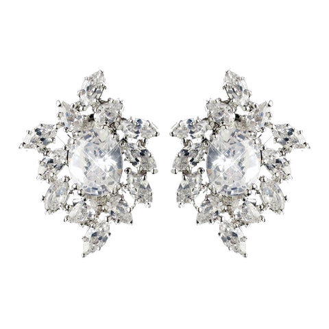 Rhodium Clear Oval & Marquise CZ Crystal Cluster Stud Bridal Wedding Earrings 9731