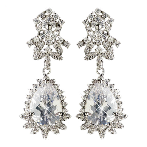 Rhodium Clear Teardrop CZ Crystal Drop Bridal Wedding Earrings 9734