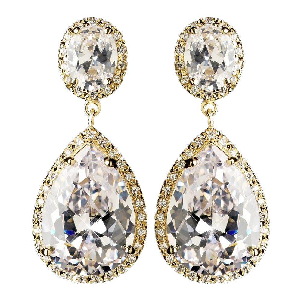 Gold Clear Large Teardrop CZ Crystal Drop Bridal Wedding Earrings 9737