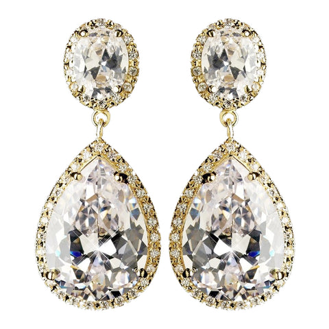 Gold Clear Large Teardrop CZ Crystal Drop Bridal Wedding Earrings 9737