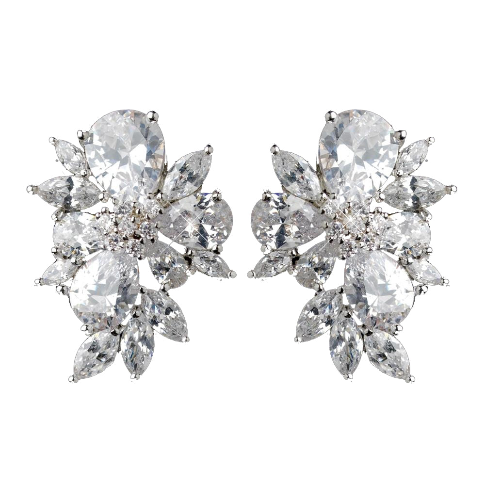 Rhodium Clear Multi Cut Cluster CZ Stud Bridal Wedding Earrings 1416