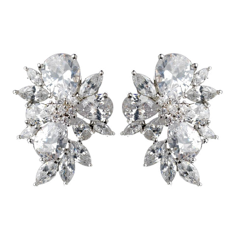 Rhodium Clear Multi Cut Cluster CZ Stud Bridal Wedding Earrings 1416