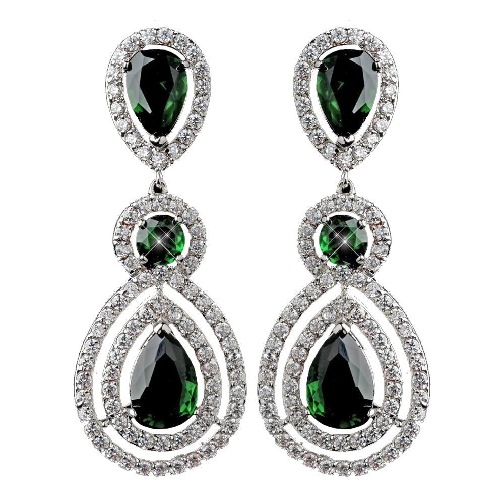 Rhodium Emerald Teardrop & Round CZ Dangle Bridal Wedding Earrings