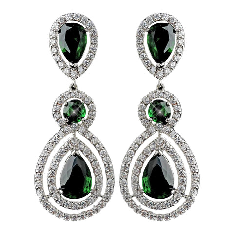 Rhodium Emerald Teardrop & Round CZ Dangle Bridal Wedding Earrings