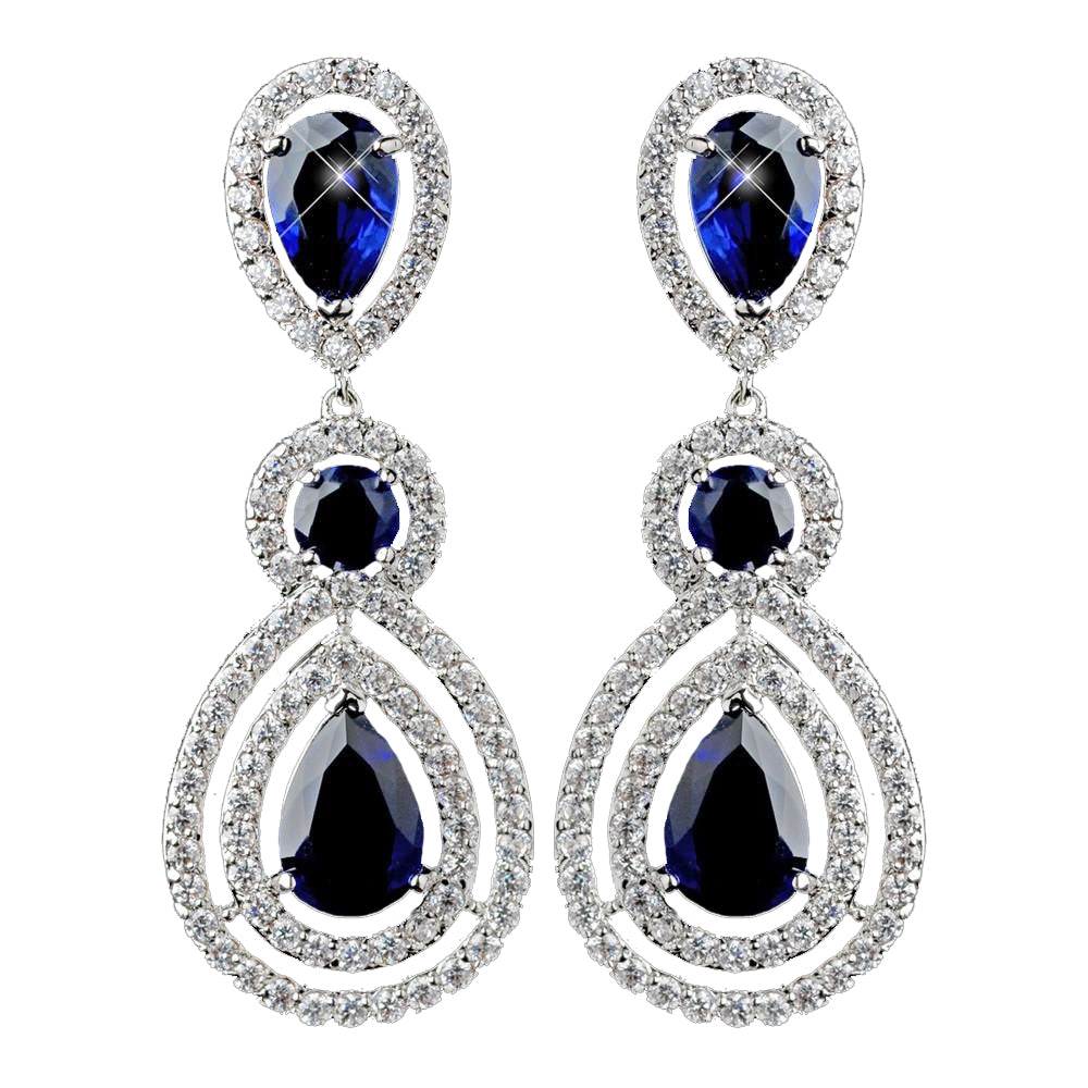 Rhodium Sapphire Teardrop & Round CZ Dangle Bridal Wedding Earrings 9803
