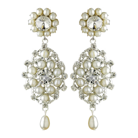 Antique Rhodium Silver Clear Rhinestone & Freshwater Pearl Accent Drop Bridal Wedding Earrings 9862