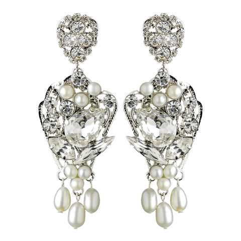 Antique Rhodium Silver Clear Rhinestone & Freshwater Pearl Accent Drop Bridal Wedding Earrings 9864