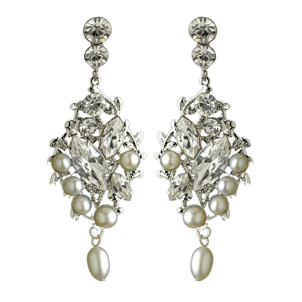 Antique Rhodium Silver Clear Rhinestone & Freshwater Pearl Accent Bridal Wedding Earrings 9865