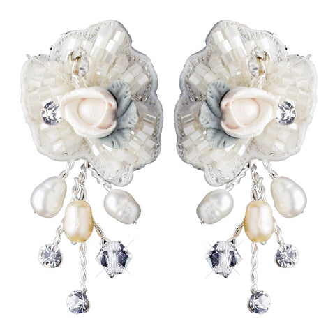Silver Rum Accented Freshwater Pearl, Swarovski Crystal, Beads & Rhinestone Flower Rose Bridal Wedding Earrings 9904