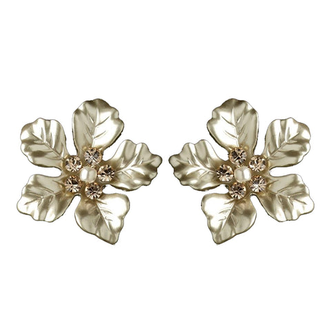 Matte Light Gold & Champagne Pearl Rhinestone Flower Bridal Wedding Earrings 9905