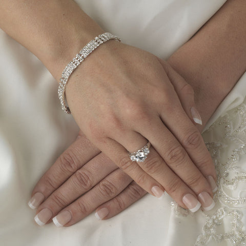 Silver Clear 3 Row Rhinestone Bridal Wedding Bracelet B 105