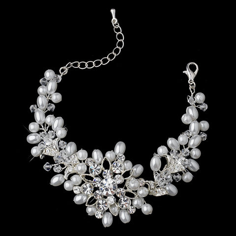 Silver White Pearl, Swarovski Crystal and Rhinestone Bridal Wedding Bracelet 1161