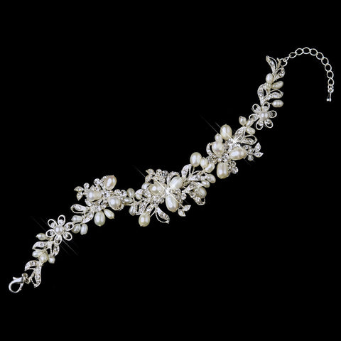 Silver Ivory Freshwater Pearl & Rhinestone Bridal Wedding Bracelet 1162