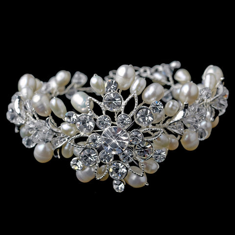 Silver Freshwater Pearl & Rhinestone Floral Bridal Wedding Bracelet 1163