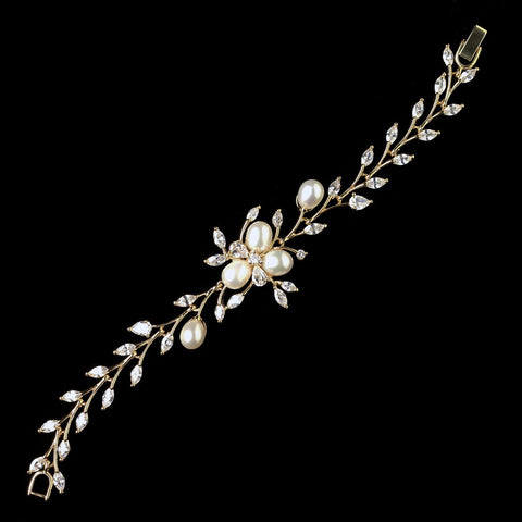 Gold CZ Crystal & Freshwater Pearl Bridal Wedding Bracelet 1268