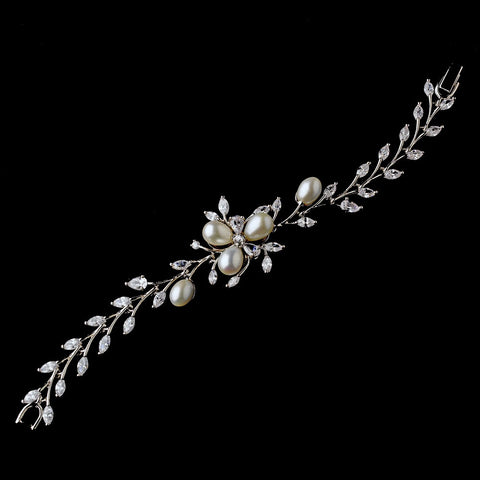 Charming CZ & Freshwater Pearl Rhodium Bridal Wedding Bracelet 1268