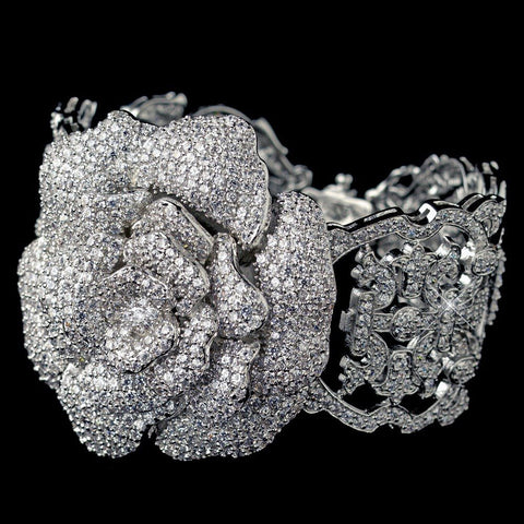 Rhodium Clear Pave Rose CZ Crystal Bangle Bridal Wedding Bracelet 13048