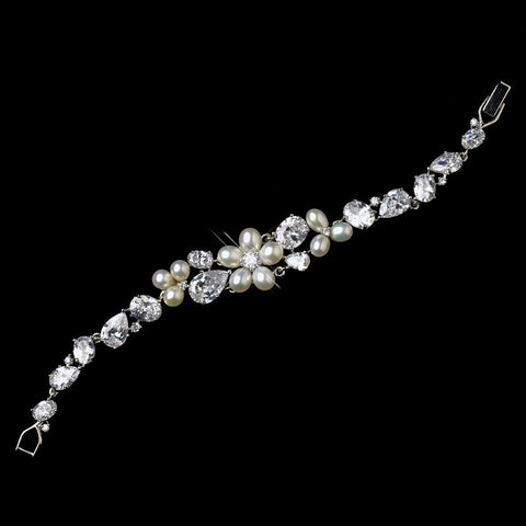 Silver Freshwater Pearl & CZ Crystal Bridal Wedding Bracelet 1310