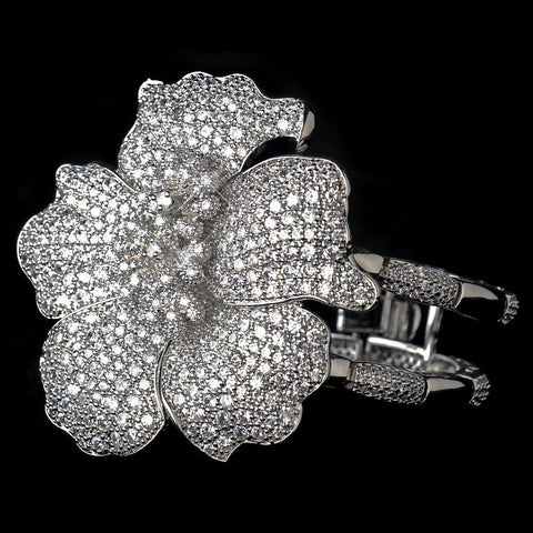 Antique Silver Rhodium Clear CZ Crystal Flower Bridal Wedding Bracelet 1404