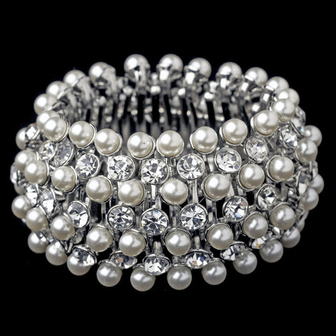 White Modern Freshwater Pearl & Rhinestone Stretch Bridal Wedding Bracelet in Rhodium Silver 14157