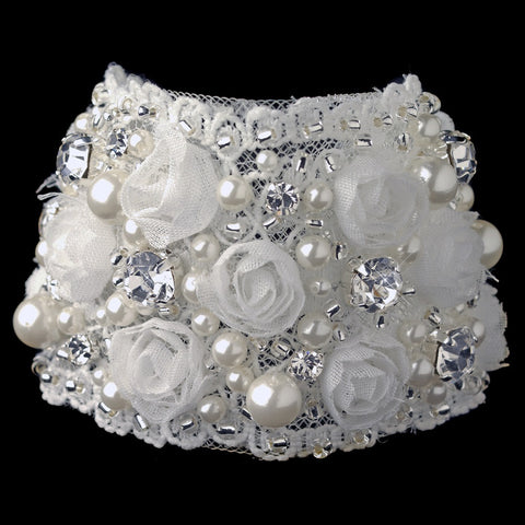 Silver Ivory Fabric & Pearl Rose Bridal Wedding Bracelet 1422