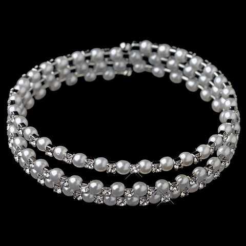 Rhodium Rhinestone & White Pearl 3 Row Coil Stretch Bridal Wedding Bracelet 1424