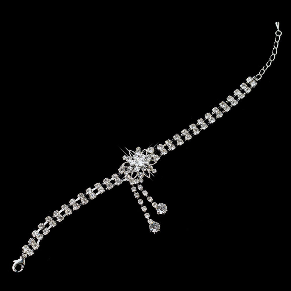 Kim Kardashian Inspired Rhinestone Flower Dangle Bridal Wedding Bracelet in Silver 1539