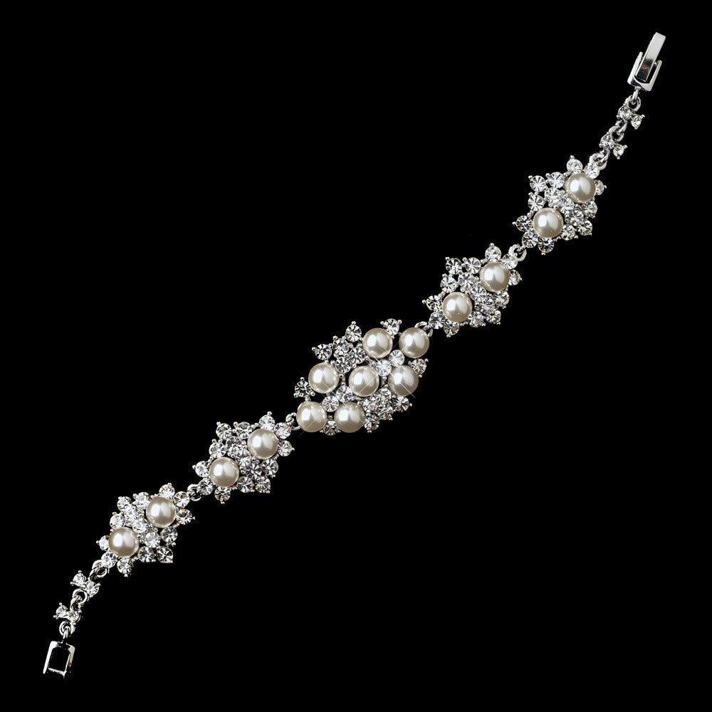 Rhodium Diamond White Pearl & Clear Rhinestone Bridal Wedding Bracelet 174