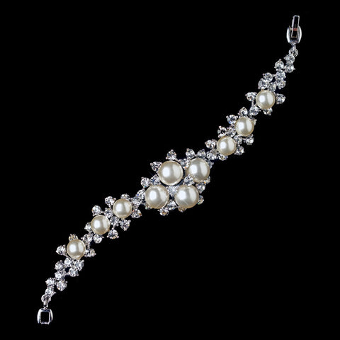 Rhodium Diamond White Pearl & Clear Rhinestone Bridal Wedding Bracelet 175