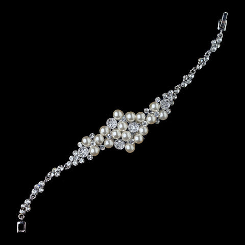 Rhodium Diamond White Pearl & Clear Rhinestone Bridal Wedding Bracelet 176