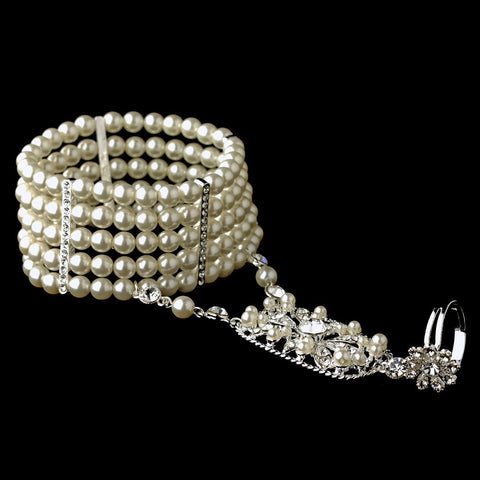 Silver 5 Row Ivory Pearl Great Gatsby 1920s Inspired Stretch Bridal Wedding Bracelet with Bridal Wedding Ring 1892