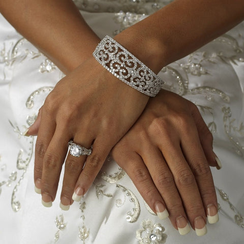 Vintage Silver Clear Cubic Zirconia Bangle Bridal Wedding Bracelet 2488