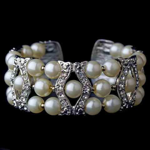 Silver Clear & Cream Coil Cuff Pearl Bridal Wedding Bracelet 2519