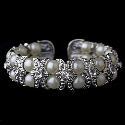 Silver Clear & Cream Coil Cuff Pearl Bridal Wedding Bracelet 2520